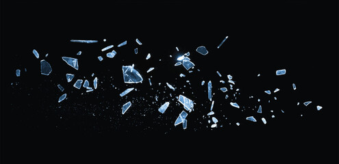 Particles of ice. Broken glass on the black background. Isolated realistic cracked glass effect  © zenobillis