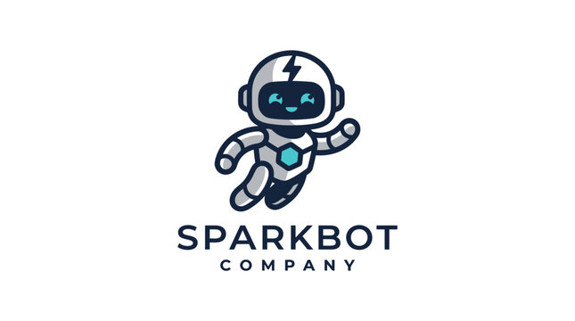 Cute flying Sparkbot mascot logo for technology company.