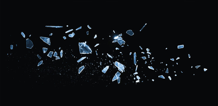 Particles of ice. Broken glass on the black background. Isolated realistic cracked glass effect	