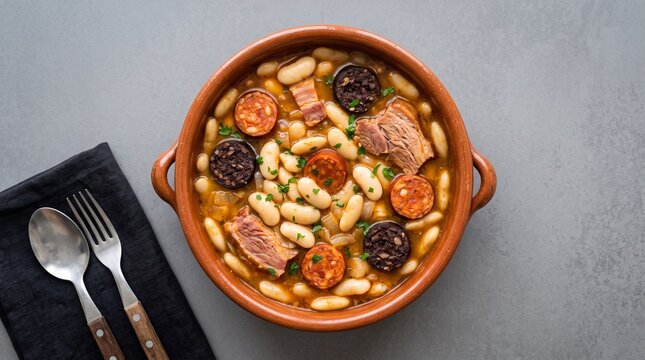 Traditional Spanish Fabada Asturiana Bean Stew with Chorizo Morcilla Blood Sausage and Pork Shoulder Flat Lay Overhead View