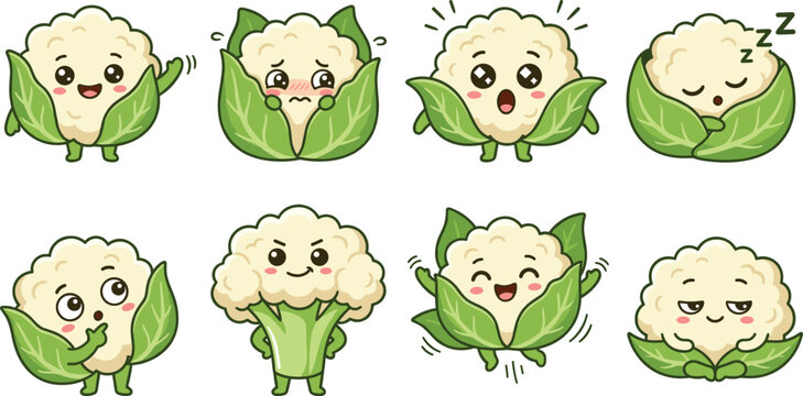 Cute Cartoon Cauliflower Character Collection with Expressive Emotions and Playful Poses