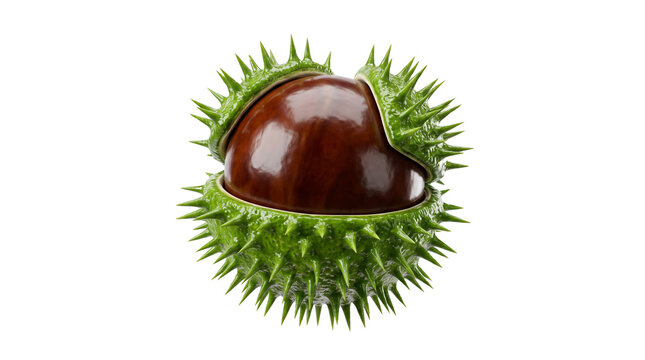 Fresh horse chestnut in green prickly shell, ripe brown conker isolated on white background, autumn forest seed with spiky texture