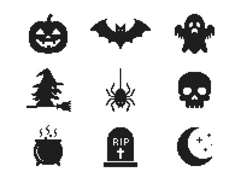 Retro Pixel Art Halloween Spooky Elements Icon Set Vector