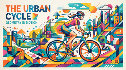 Fototapeta premium Vibrant Geometric Illustration of a Cyclist Riding Through a Stylized Modern Urban Landscape