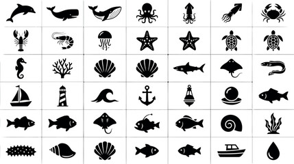 Collection of marine life and nautical elements in a clean vector silhouette style on white © Abul