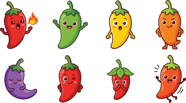 Cute Cartoon Chili Pepper Character Collection with Colorful Expressions and Playful Poses