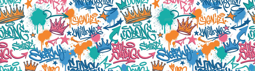 Colorful Graffiti Art Seamless Pattern with Crowns and Splatters © Hantu