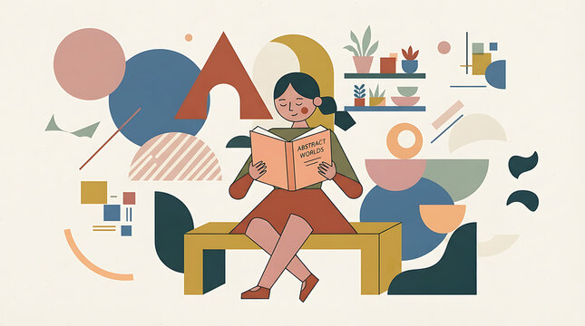 Minimalist flat illustration of a young girl sitting on a bench reading a book surrounded by colorful abstract geometric shapes