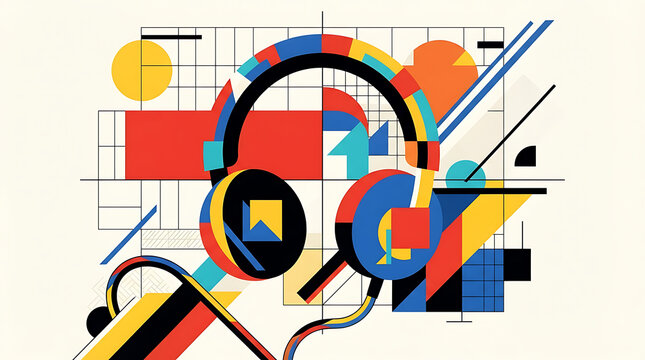 Abstract Geometric Headphones Illustration in Bauhaus Constructivism Style with Colorful Shapes and Grid Background