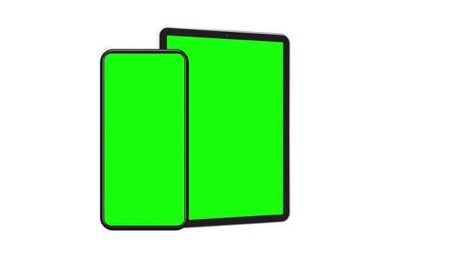 Tablet PC and Smartphone Mockup with Green Screen Isolated on White Background. 3D animated presentation of blank mobile phone and tablet computer for responsive design mobile app and UI design.