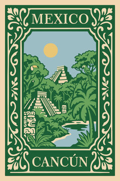 Vintage Style Mexico Cancun Travel Poster Illustration with Mayan Pyramids and Jungle Wildlife