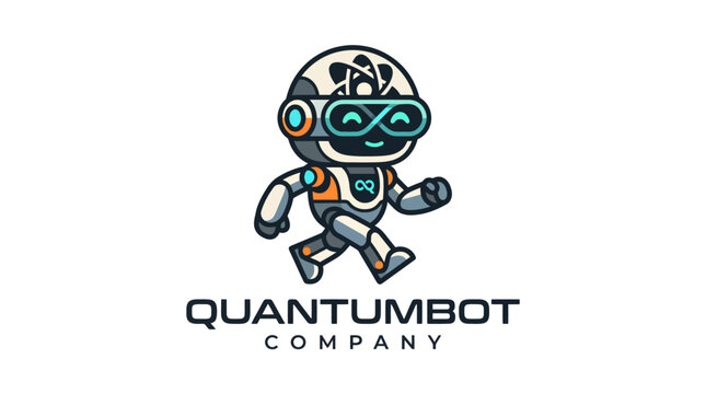 Cute futuristic quantum robot character logo mascot design.