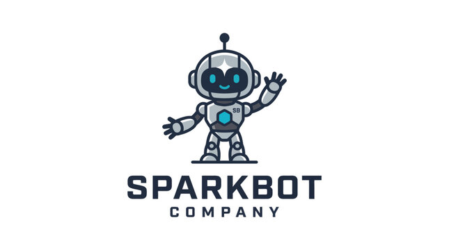 Friendly mascot robot logo for modern technology company.