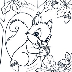 Squirrel Holding an Acorn Inside a Tree Hollow Coloring Book Page for Kids © NopiArt