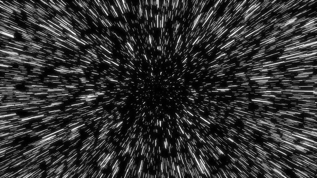 Dynamic white light streaks on black background conveying fast cosmic travel or hyperspace jump, illustrating warp speed motion through space-time continuum, perfect for high-speed concept visuals