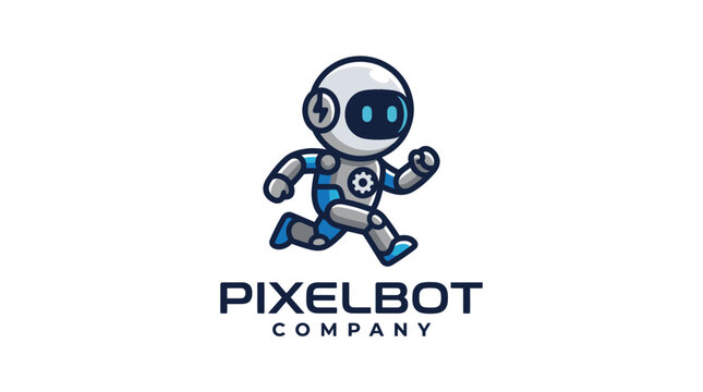 Pixelbot mascot character running logo design for technology company.