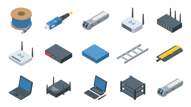 Network hardware and digital communication devices are arranged in an isometric set representing modern connectivity and infrastructure.