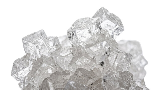 Crystalline sea salt grains close up, transparent mineral rock salt crystals on white background, macro photography of pure sodium chloride