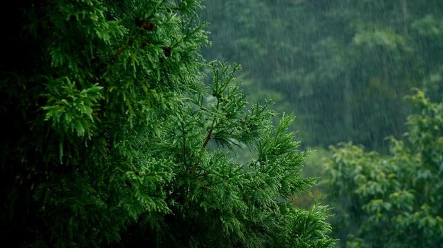 Dense tropical rainforest foliage under heavy monsoon rain with deep green leaves and misty jungle vegetation creating a dramatic natural storm scene in a humid wilderness environment