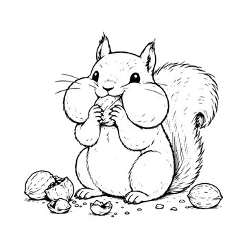 Animal Black and White Illustration-squirrel with a nut