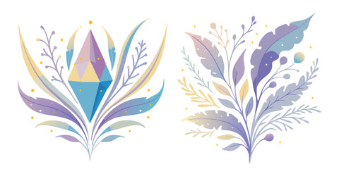 Fantasy pastel crystal vector set with bohemian magic gem, mystical feathers, and colorful botanical branches isolated on white background. © Shofikul islam