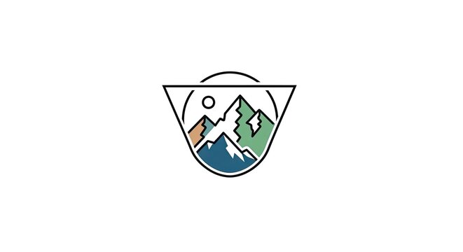 Mountain adventure shield logo with sun and peaks.