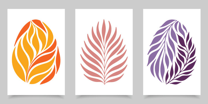 Abstract Easter egg vector set with organic leaf patterns, botanical lines, and colorful spring foliage isolated on background.