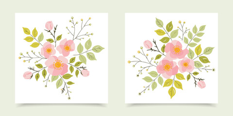 Cute watercolor pink peony wildflower bouquets illustration set of 2 square posters with green foliage and twigs for greeting card. © Shofikul islam