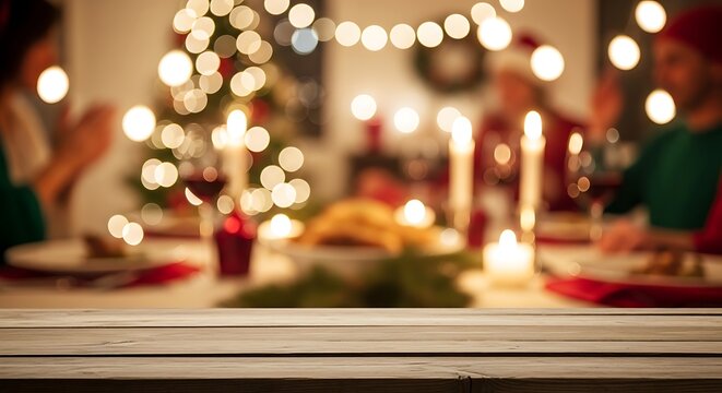 Empty wooden table top with blurred christmas dinner party background with festive lights, candles, and people celebrating in a cozy home setting