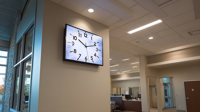 Modern analog wall clock showing time in a bright office hallway a clear indication of punctuality and business operations