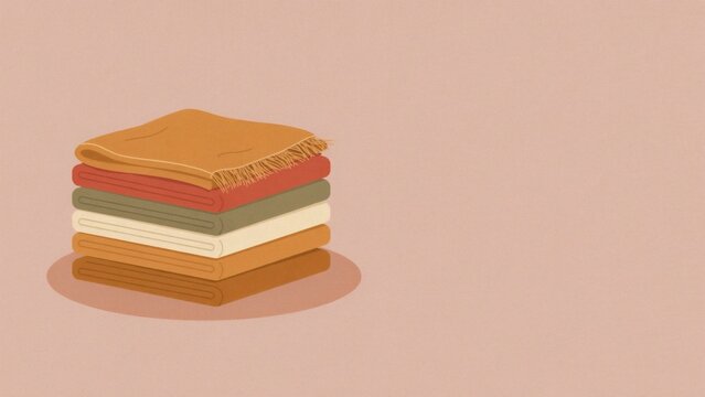 Flat design vector illustration of a stack of folded colorful blankets on a soft pink background