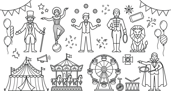 Circus Performance Outline Vector Icon Collection Featuring Ringmaster Acrobat Juggler Ferris Wheel Carousel Tent and Carnival Elements