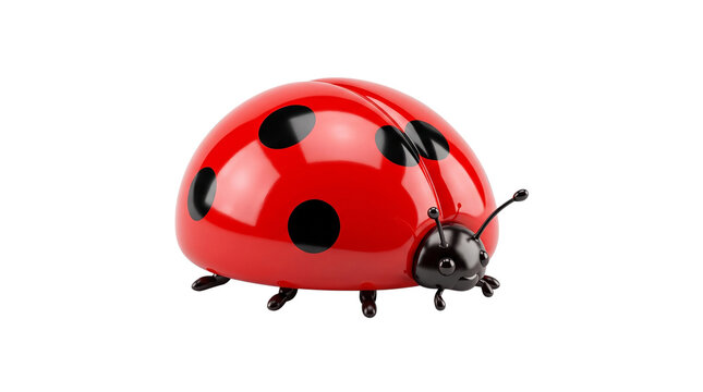 Glossy red ladybug toy figurine, cute plastic ladybird with black spots, polished insect character isolated on white background