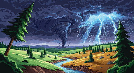 Pixel art illustration design showing a tornado storm and lightning strike in a valley landscape from a wide viewpoint