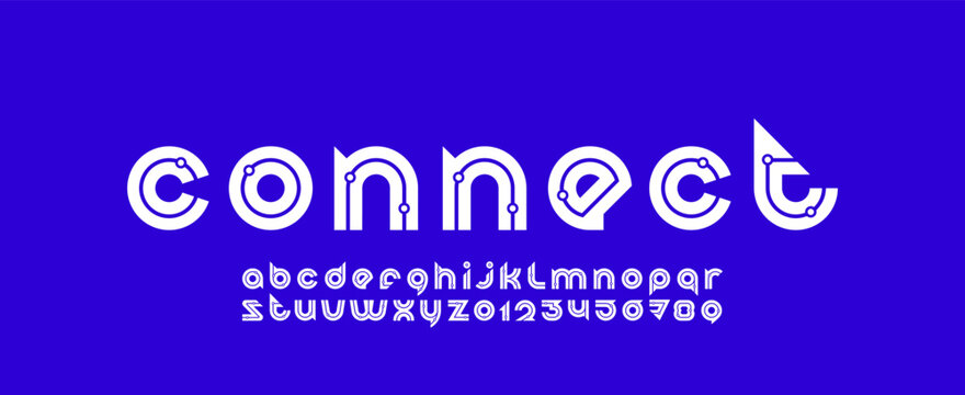 Digital white font, rounded modern alphabet, trendy letters from A to Z and numbers from 0 to 9 with dots, vector illustration 10EPS