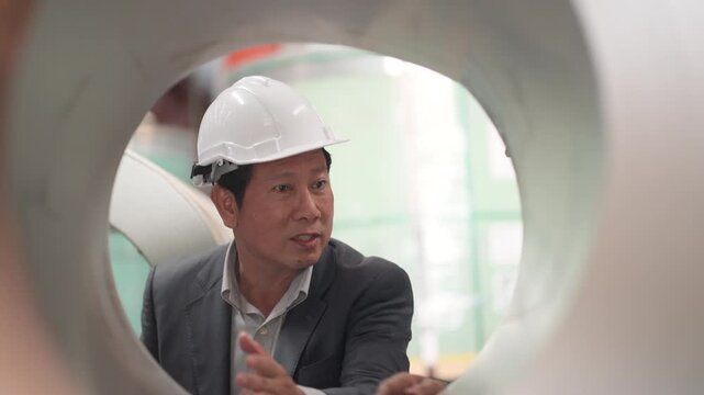 Factory owner and female technical engineer inspect manufacturing equipment, reviewing production data, discussing engineering solutions, reducing operational risks, improving machinery reliability, s
