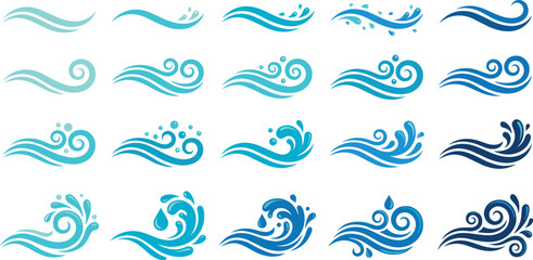 Fototapeta premium Water Wave Logo and Splash Element Collection with Blue Ocean Flow Vector Designs