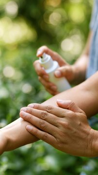 Person applying insect repellent spray on arm in green outdoor setting, nature background