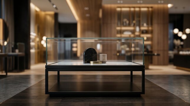 A sophisticated glass display case with minimalist decorative objects sits in the center of a luxury showroom with warm, ambient lighting.