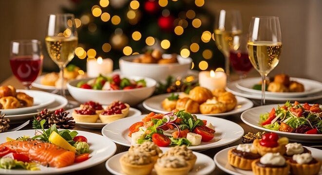 Festive christmas dinner table setting with various gourmet dishes, appetizers, salads, and wine glasses, blurred holiday lights in the background
