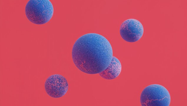 Abstract 3D illustration of blue spheres floating against a vibrant red background, showcasing a modern and dynamic visual representation of molecular structures