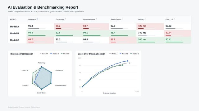 Professional AI model comparison dashboard showing evaluation metrics with radar and line charts in a clean light interface. professional stock footage for technology, business, and editorial use.