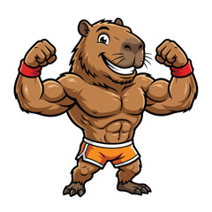 Obraz premium A funny capybara mascot flexing muscular arms and showing off abs in athletic shorts, representing strength and fitness