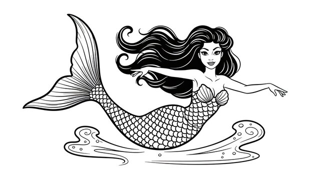 Beautiful mermaid swimming line art drawing for coloring