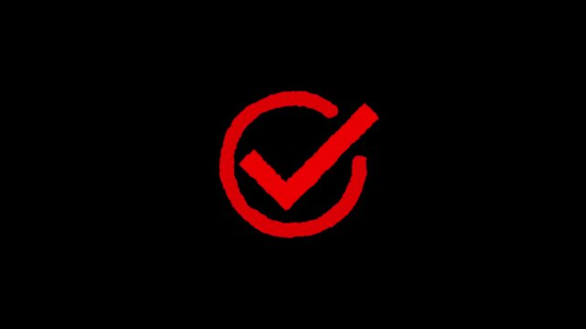 Hand drawn check mark on black background, checkmark animation symbol, yes approve choice, approved tick mark, verified symbol, yes icon, check mark flat style