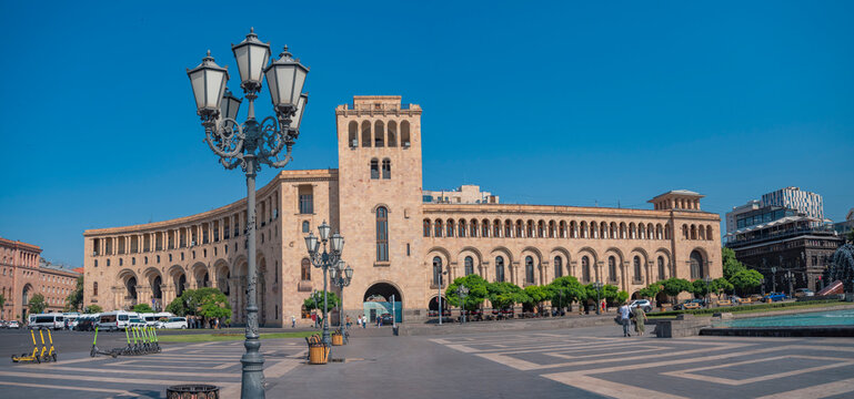 Government House in Yerevan with street lantern on Republic Square with copy space