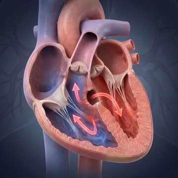 Medical illustration of a ventricular septal defect showing blood flow shunting through a hole in the heart septum