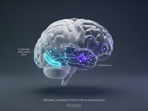 3D Medical Illustration of Human Brain Neural Connectivity Between Fusiform Face Area and Amygdala for Neuroscience Education