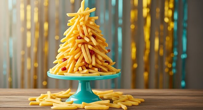 A creative christmas tree made of golden crispy french fries on a teal cake stand, decorated with red berries, festive holiday food concept