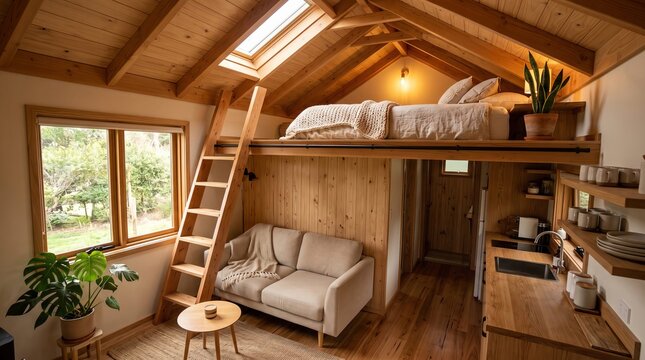 Cozy tiny house interior with stylish loft bedroom, warm wood finishes, minimalist furnishings